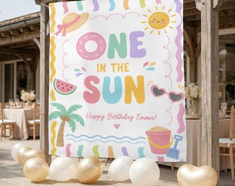 One in the Sun 1st Birthday Fabric Banner, Pool Party Kids Beach Birthday Name Backdrop, Custom 1st Birthday Girl Smash Cake Backdrop