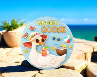 Letrero de madera personalizado de Mamá Ganso para colgar en la puerta en la playa de verano, decoración de pared con nombre personalizado de Ganso, regalo de vacaciones tropicales para ella.