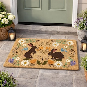 Easter Bunny Doormat Floral Spring Welcome Mat Rustic Rabbit Door Mat Farmhouse Entryway Decor