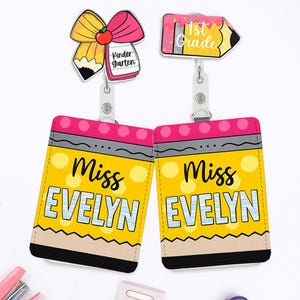 Porte-badge personnalisé pour enseignant, joli porte-carte d'identité en cuir avec clip, étiquette d'identification personnalisée avec étoile arc-en-ciel et smiley pour la rentrée scolaire