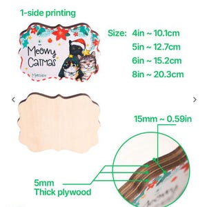 May include: Custom shape wooden block with a festive cat design. The block is 5mm thick plywood and available in sizes from 4 inches (10.1cm) to 8 inches (20.3cm). The image includes the text "Meowy Catmas".