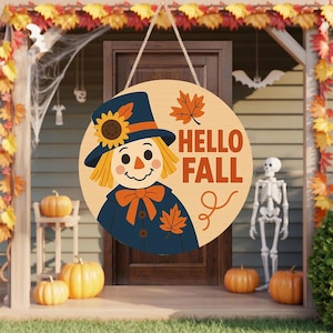 Hello Fall Scarecrow Door Hanger – Autumn Harvest Welcome Decor with Pumpkins & Leaves