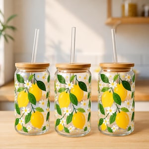 Tasse en verre pour boissons d'été motif citron et marguerite, tasse de limonade aux couleurs vives, gobelet en verre canette sur le thème des agrumes frais, verre d'eau claire pour enfants