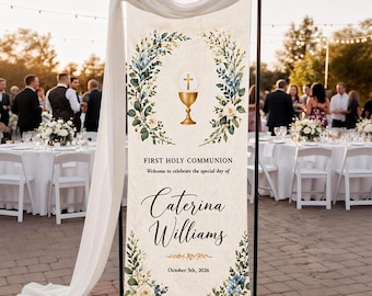 Personalized First Holy Communion Welcome Sign 2026 Custom Communion Banner Catholic Event Decor Elegant Floral Party Sign