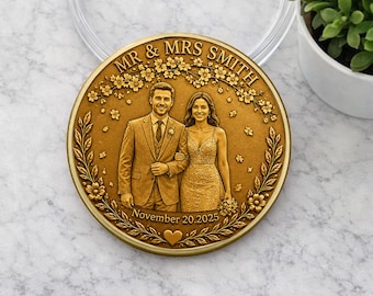 Custom Wedding Anniversary 3D Relief Coin Personalized Couple Portrait Gift For Mr And Mrs
