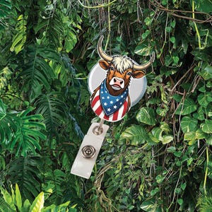 Bobine d'insigne taureau patriotique avec bandana drapeau américain, porte-carte d'identité pour feux d'artifice du 4 juillet, accessoire pour bobine d'infirmière USA Pride