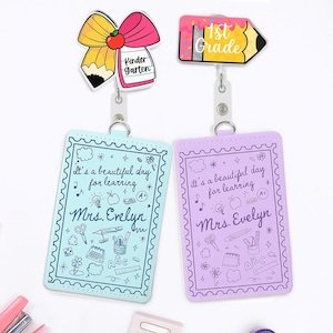 Porte-badge personnalisé pour enseignant, joli porte-badge en cuir à clip, étoile arc-en-ciel, smiley, étiquette personnalisée pour le personnel, retour à l'école, belle journée