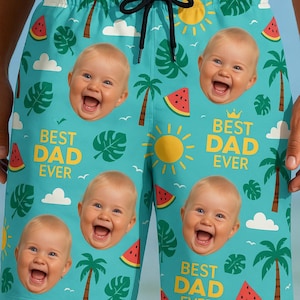 Aangepaste Hawaiiaanse shorts voor alle seizoenen, zwembroek voor beste vader ooit, gepersonaliseerde zomerstrandbroek, tropisch vakantiecadeau