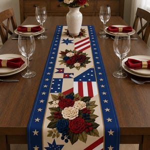 Patriotic Rose Table Runner 4th Of July Decor American Flag Kitchen PolyesterAmericana Flower Dining Banner Memorial Day Party Gift