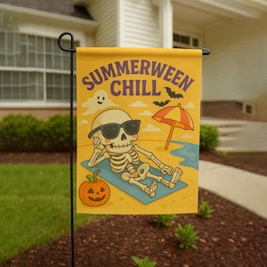 Summerween Chill Skeleton Garden Flag, Funny Halloween Beach Decor,  Summer Yard Sign, Relaxing Skeleton Fall Outdoor Banner