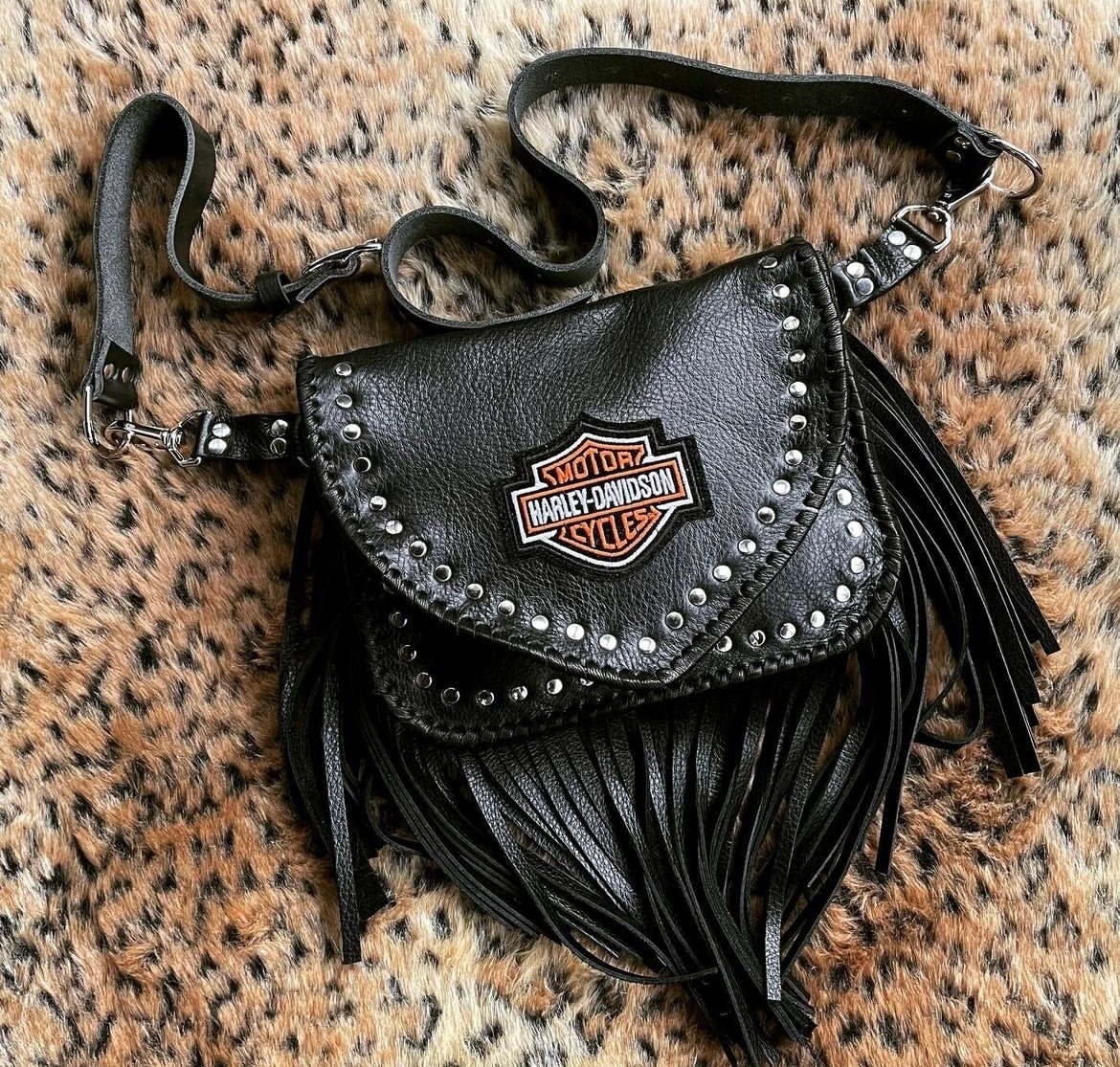 Harley Davidson Black Leather Fringe Clip-on Belt Loop or Shoulder Purse  Handbag