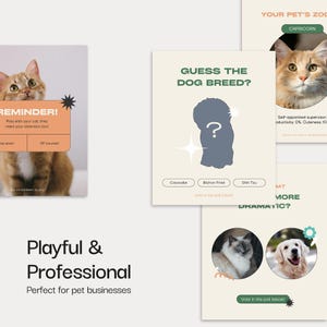 May include: A collection of playful and professional pet business graphics. Includes a reminder card with a cat, a "Guess the Dog Breed?" game, and a "Your Pet's Zodiac" card. The theme is light and friendly.