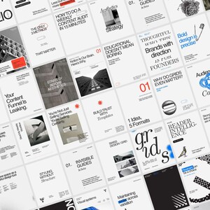 May include: A grid of white and black design cards with text and illustrations. The cards display titles such as "Long Captions," "Content Batching," and "Strategy Before Aesthetics." The image's theme is related to design and content creation.