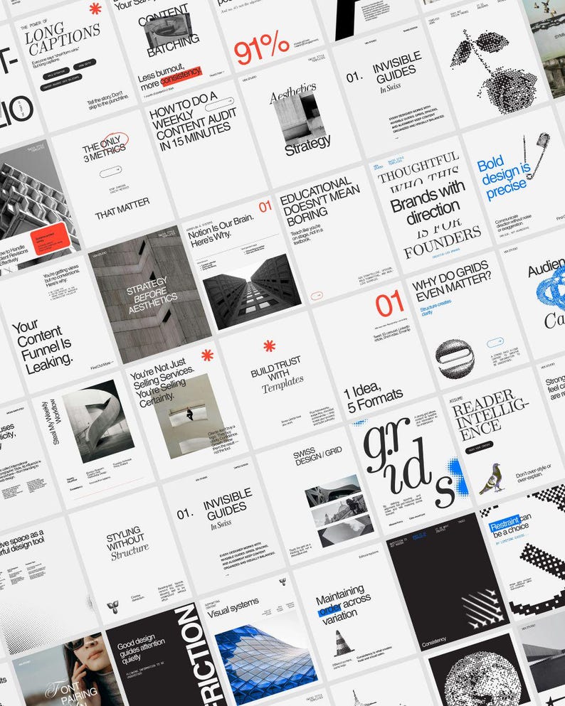 May include: A grid of white and black design cards with text and illustrations. The cards display titles such as "Long Captions," "Content Batching," and "Strategy Before Aesthetics." The image's theme is related to design and content creation.