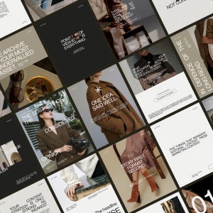 Peut inclure: Une grille de modèles de publications pour réseaux sociaux utilisant une palette de couleurs neutres composée de noir, blanc et beige. Les designs incluent une typographie sans empattement, des mises en page épurées et des photos de mode.