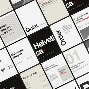 May include: A grid of graphic design mockups with text elements. The designs feature phrases like "Quiet," "Helveti ca," and "Intentional design. Every time." The color palette is primarily black, white, and gray, with a red accent.