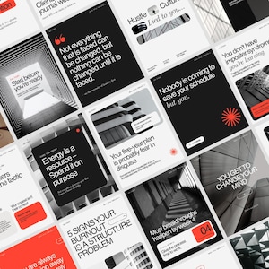 May include: A collection of digital graphic templates featuring black, white, and red colour schemes. The designs include bold typography with motivational quotes, architectural photography, and structured layouts for social media content.