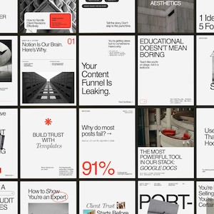 Könnte beinhalten: Ein Raster aus schwarz-weißen Grafikdesign-Vorlagen mit roten Akzenten. Die Vorlagen enthalten Texte wie "Notion Is Our Brain", "Your Content Funnel Is Leaking" und "Build Trust With Templates". Das Thema ist Business und Marketing.