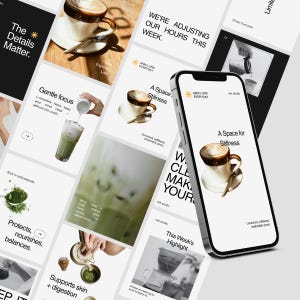 Op de afbeelding: Een verzameling afbeeldingen met koffie- en theedranken, waaronder espresso, matcha en lattes. De afbeeldingen worden weergegeven op een smartphone en andere panelen, met tekstoverlays zoals "The Details Matter" en "A Space for Stillness."