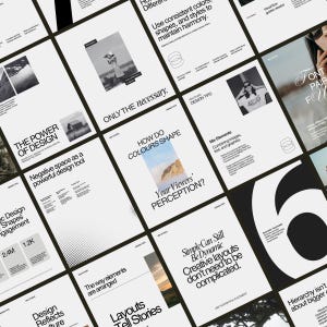 Op de afbeelding: Een verzameling zwart-witte design tipkaarten met tekst en afbeeldingen. De kaarten behandelen onderwerpen als kleur, vormen en lay-outs. Sommige kaarten bevatten foto's en afbeeldingen.