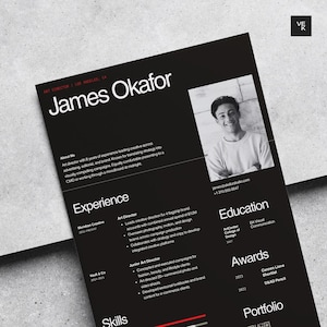 May include: A black and white resume for James Okafor, an art director. The resume includes sections for experience, education, awards, and portfolio. A headshot of a smiling man is in the upper right corner.