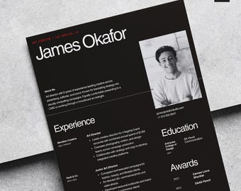 May include: A black and white resume for James Okafor, an art director. The resume includes sections for experience, education, awards, and portfolio. A headshot of a smiling man is in the upper right corner.