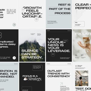 May include: A series of minimalist posters in black and white. Each poster displays bold typography with motivational phrases such as "Growth Feels Uncomfortable" and "Outlast Trends With Consistency."