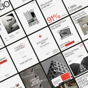 May include: A series of white cards with black and red text, covering business and marketing themes. The cards display architectural images and striking typography, with phrases such as "Strategy Before Aesthetics" and "Batching Will Save Your Sanity."