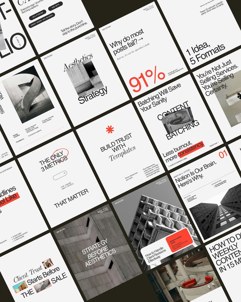 May include: A series of white cards with black and red text, covering business and marketing themes. The cards display architectural images and striking typography, with phrases such as "Strategy Before Aesthetics" and "Batching Will Save Your Sanity."