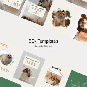 May include: A collection of pet-themed templates with various designs. The templates feature images of cats and dogs, along with text such as "Did You Know?" and "New Pet Parents." The phrase "50+ Templates" is also visible.