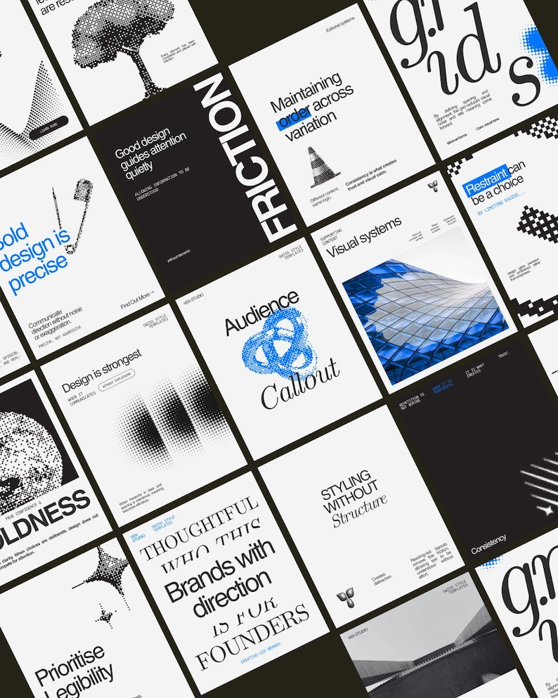 May include: A series of white and black graphic design posters with diverse text and abstract illustrations. The posters display phrases such as "Good design guides attention quietly" and "Audience Callout". The theme is related to branding and visual communication.