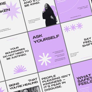May include: A collection of square cards with text and graphics in a grid layout. The cards feature phrases like "Ask Yourself" and "Your Boundaries Do Not Need To Be Justified." The color scheme includes white, lavender, and black.