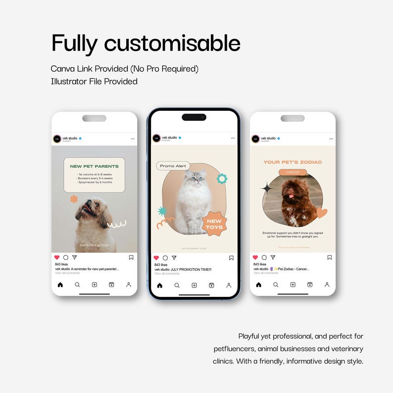 May include: Three smartphone mockups showcasing pet-related content. The screens display text like "New Pet Parents," "Promo Alert," and "Your Pet's Zodiac." The design is playful with illustrations of a dog and cat. Text at the top says "Fully customisable."