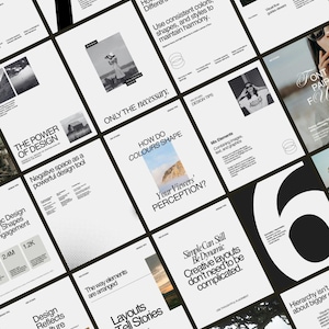 May include: A series of white and black design tip cards with diverse layouts. The cards discuss topics such as colour, shapes, and design elements. Some cards feature the text "ONLY THE necessary" and "Simple Can Still Be Dynamic".