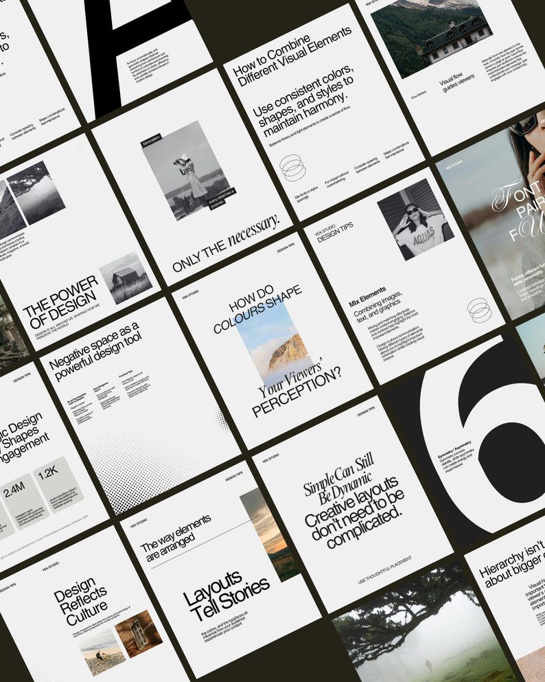 May include: A series of white and black design tip cards with diverse layouts. The cards discuss topics such as colour, shapes, and design elements. Some cards feature the text "ONLY THE necessary" and "Simple Can Still Be Dynamic".
