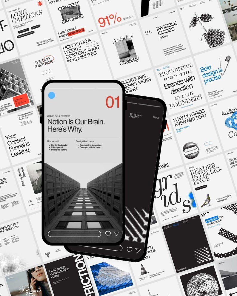 May include: A digital marketing concept image featuring two smartphones with a modern design. The screens display architectural images and text, including "Notion Is Our Brain" and "How to Do a Weekly Content Audit in 15 Minutes." Surrounding the phones are various marketing-related graphics.