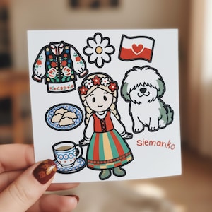 May include: A white sticker sheet featuring Polish folk art illustrations. Designs include a girl in traditional dress, a dog, a flag with a heart, a floral design, a plate of food, a cup of coffee, and the word "siemanko".