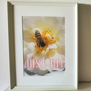 Póster de abeja, arte de abeja, insecto para colgar en la pared, decoración minimalista para el hogar, póster de rosa blanca, regalo para amantes de la naturaleza, fotografía de insectos, decoración de pared para jardín