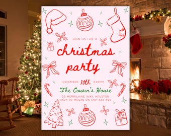 May include: A pink Christmas party invitation with red and green illustrations of holiday elements. The text reads "Join us for a Christmas party" with the date, time, and location details. Festive design for a holiday gathering.