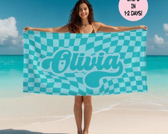 Personalized Retro Checkered Beach Towel, Custom Name Groovy 70s Pool Towel