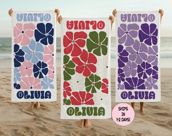Personalized 70s Retro Floral Beach Towel, Custom Name Flower Power Pool Towel
