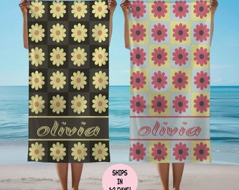 Personalized Retro Floral Checkered Beach Towel, Custom Name Daisy Pool Towel