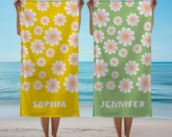 Personalized Daisy Beach Towel, Retro Floral Pool Towel