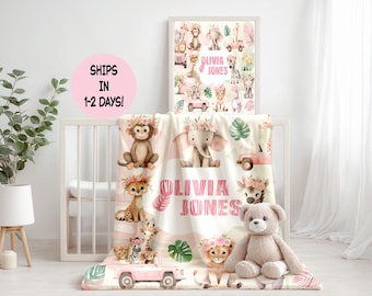 Personalized Girl Safari Baby Blanket, Custom Name, Keepsake Gift