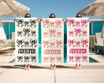 Retro Ribbon Bows Personalized Beach Towel, Bachelorette Gift
