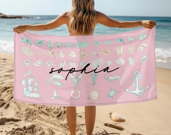 Custom Name Beach Towel, Seashell Pattern, Personalized Gift