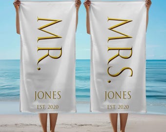 Personalized Mr. & Mrs. Beach Towel, Custom Anniversary Gift