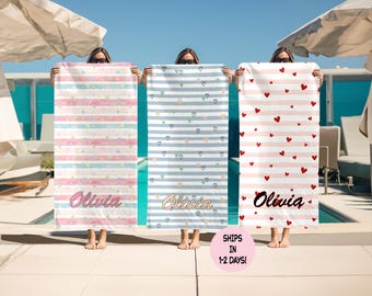 Personalized Heart Pattern Beach Towel, Custom Name Striped Pool Towel