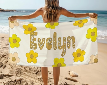 Personalized Floral Beach Towel, Retro Style Custom Name Gift