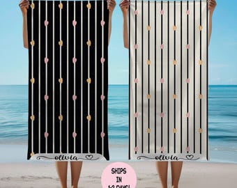 Personalized Minimal Stripe Beach Towel, Custom Name Heart Pattern Towel